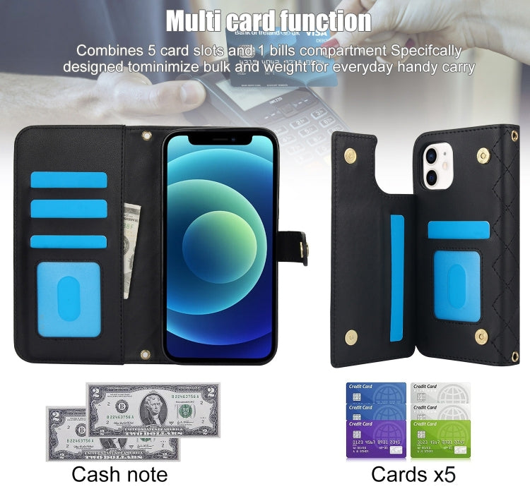 For iPhone 12 mini Crossbody Multifunction Rhombic Leather Phone Case(Black) - iPhone 12 mini Cases by buy2fix | Online Shopping UK | buy2fix