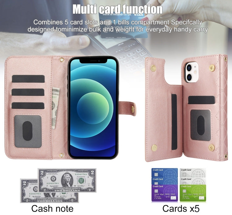 For iPhone 12 mini Crossbody Multifunction Rhombic Leather Phone Case(Rose Gold) - iPhone 12 mini Cases by buy2fix | Online Shopping UK | buy2fix