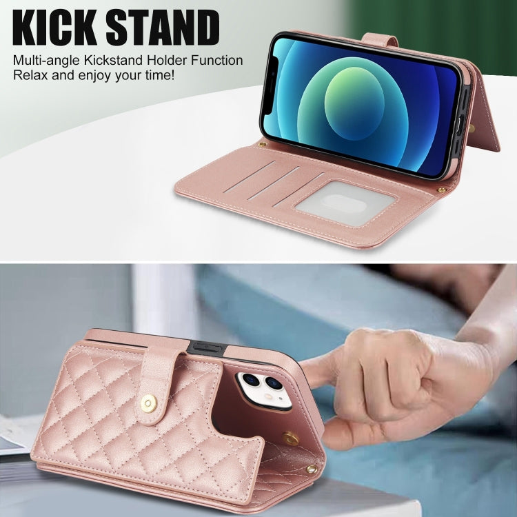 For iPhone 12 mini Crossbody Multifunction Rhombic Leather Phone Case(Rose Gold) - iPhone 12 mini Cases by buy2fix | Online Shopping UK | buy2fix