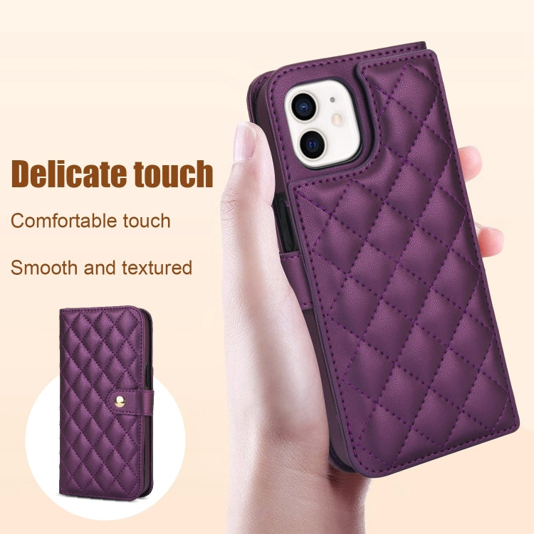 For iPhone 12 mini Crossbody Multifunction Rhombic Leather Phone Case(Dark Purple) - iPhone 12 mini Cases by buy2fix | Online Shopping UK | buy2fix