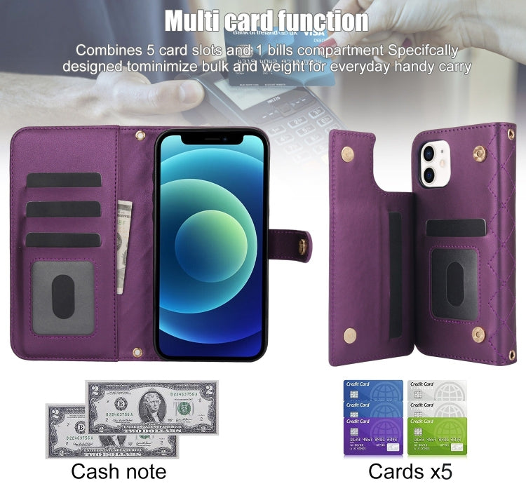 For iPhone 12 mini Crossbody Multifunction Rhombic Leather Phone Case(Dark Purple) - iPhone 12 mini Cases by buy2fix | Online Shopping UK | buy2fix