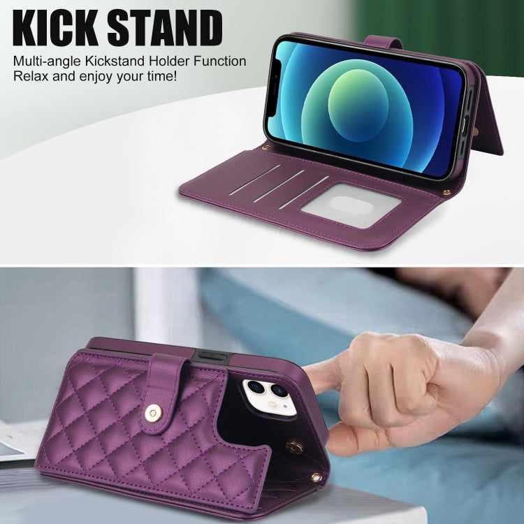 For iPhone 12 mini Crossbody Multifunction Rhombic Leather Phone Case(Dark Purple) - iPhone 12 mini Cases by buy2fix | Online Shopping UK | buy2fix