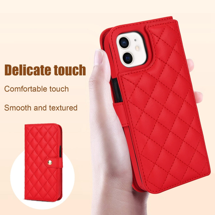 For iPhone 12 / 12 Pro Crossbody Multifunction Rhombic Leather Phone Case(Red) - iPhone 12 / 12 Pro Cases by buy2fix | Online Shopping UK | buy2fix