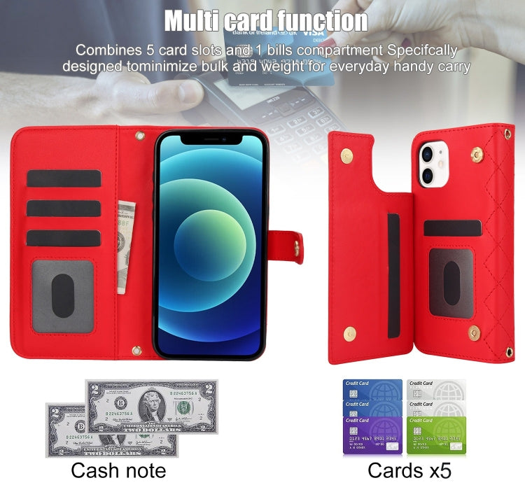 For iPhone 12 / 12 Pro Crossbody Multifunction Rhombic Leather Phone Case(Red) - iPhone 12 / 12 Pro Cases by buy2fix | Online Shopping UK | buy2fix