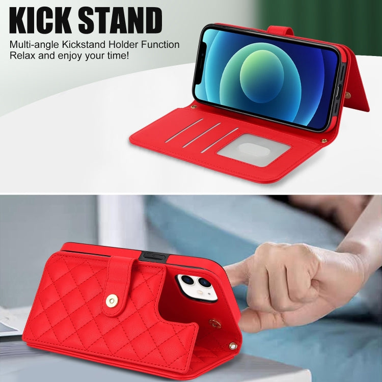 For iPhone 12 / 12 Pro Crossbody Multifunction Rhombic Leather Phone Case(Red) - iPhone 12 / 12 Pro Cases by buy2fix | Online Shopping UK | buy2fix