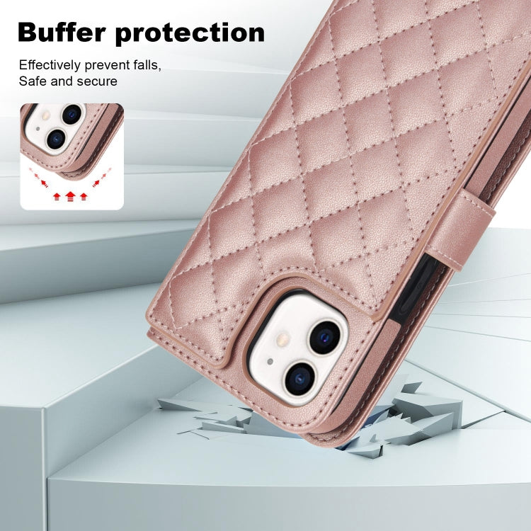 For iPhone 12 / 12 Pro Crossbody Multifunction Rhombic Leather Phone Case(Rose Gold) - iPhone 12 / 12 Pro Cases by buy2fix | Online Shopping UK | buy2fix