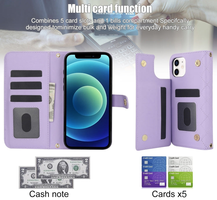 For iPhone 12 / 12 Pro Crossbody Multifunction Rhombic Leather Phone Case(Purple) - iPhone 12 / 12 Pro Cases by buy2fix | Online Shopping UK | buy2fix