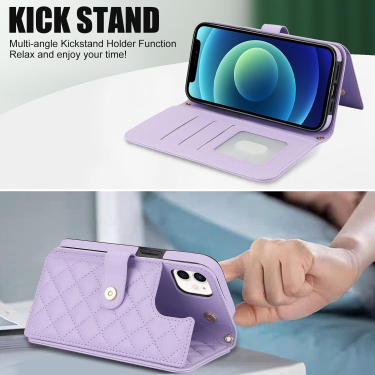 For iPhone 12 / 12 Pro Crossbody Multifunction Rhombic Leather Phone Case(Purple) - iPhone 12 / 12 Pro Cases by buy2fix | Online Shopping UK | buy2fix