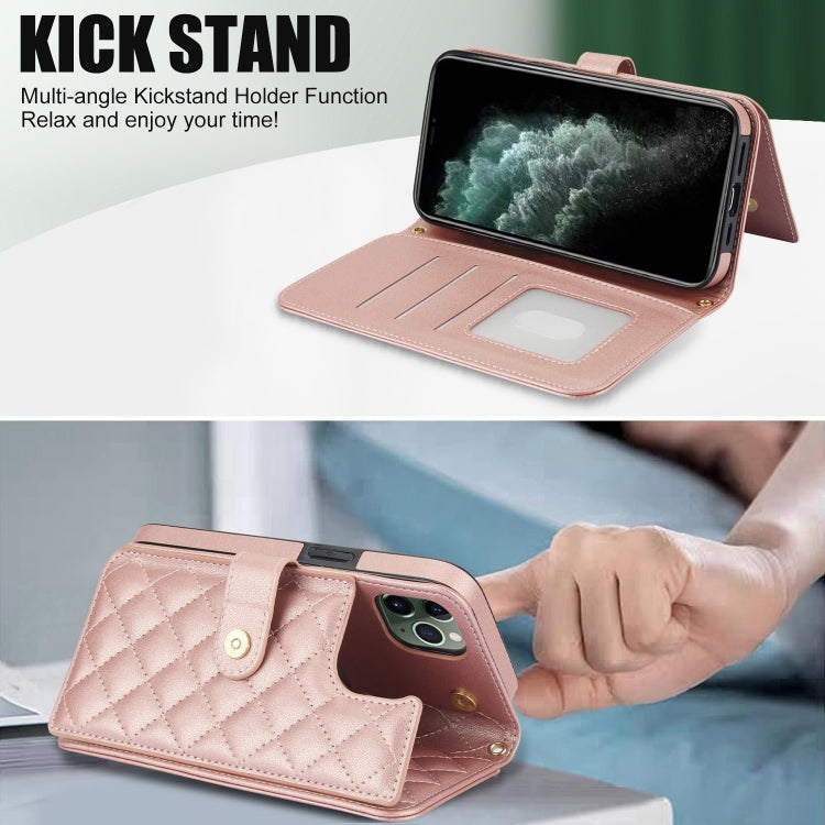 For iPhone 11 Pro Max Crossbody Multifunction Rhombic Leather Phone Case(Rose Gold) - iPhone 11 Pro Max Cases by buy2fix | Online Shopping UK | buy2fix