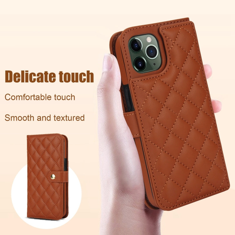 For iPhone 11 Pro Max Crossbody Multifunction Rhombic Leather Phone Case(Brown) - iPhone 11 Pro Max Cases by buy2fix | Online Shopping UK | buy2fix