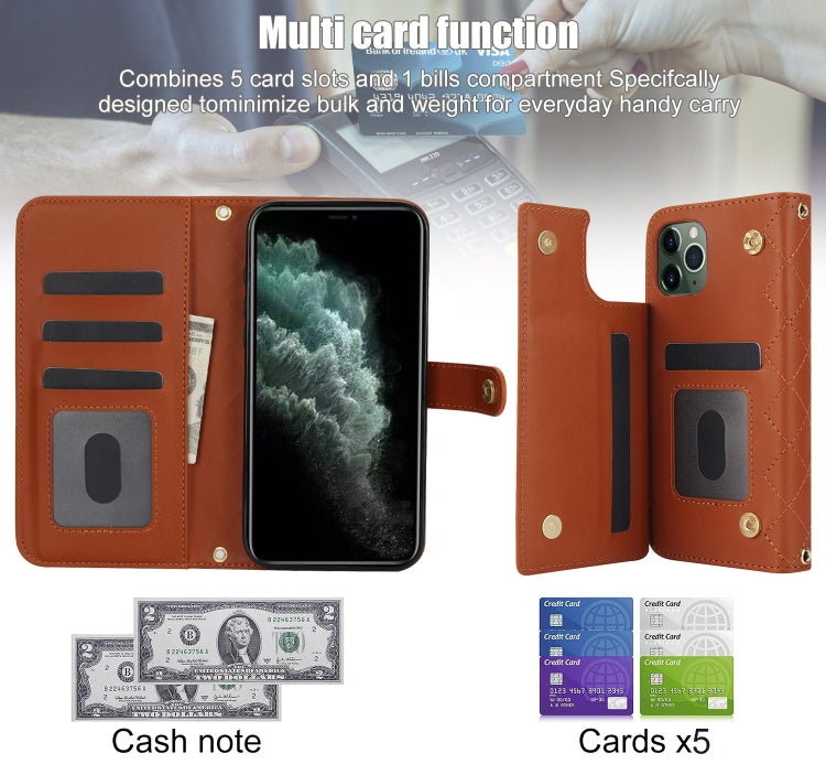 For iPhone 11 Pro Max Crossbody Multifunction Rhombic Leather Phone Case(Brown) - iPhone 11 Pro Max Cases by buy2fix | Online Shopping UK | buy2fix