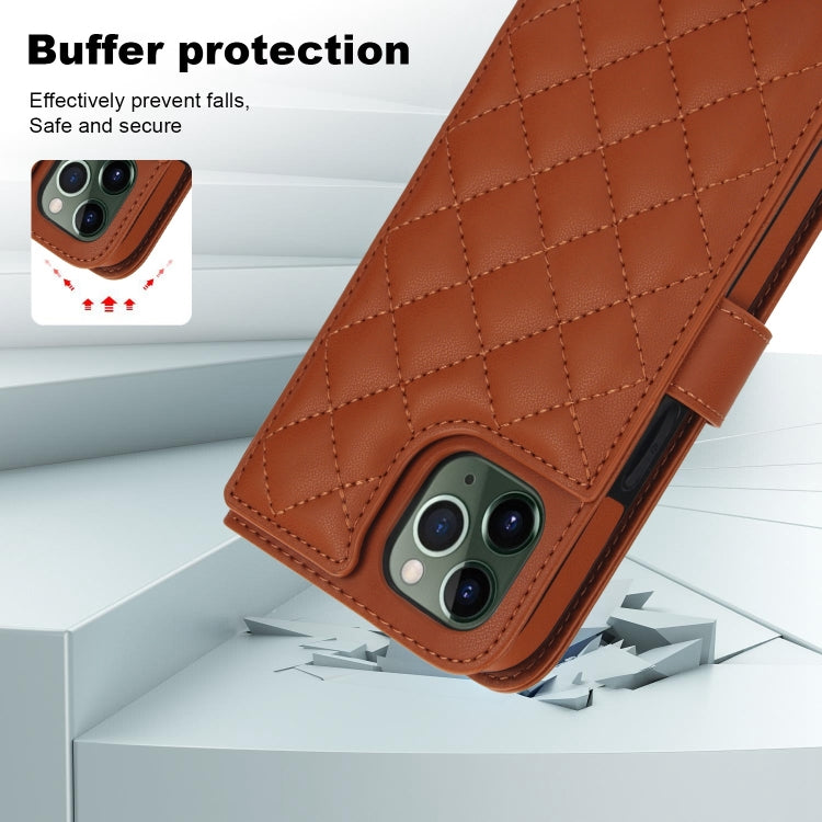 For iPhone 11 Pro Max Crossbody Multifunction Rhombic Leather Phone Case(Brown) - iPhone 11 Pro Max Cases by buy2fix | Online Shopping UK | buy2fix