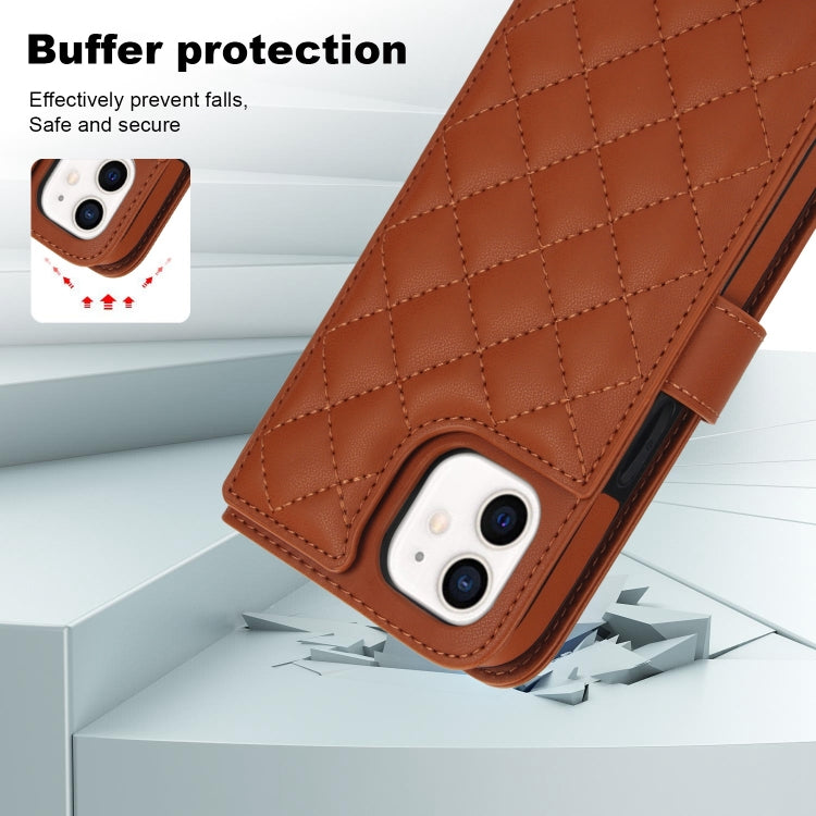 For iPhone 11 Crossbody Multifunction Rhombic Leather Phone Case(Brown) - iPhone 11 Cases by buy2fix | Online Shopping UK | buy2fix