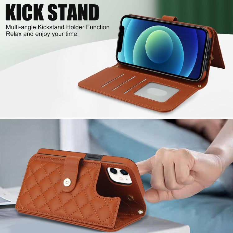 For iPhone 11 Crossbody Multifunction Rhombic Leather Phone Case(Brown) - iPhone 11 Cases by buy2fix | Online Shopping UK | buy2fix