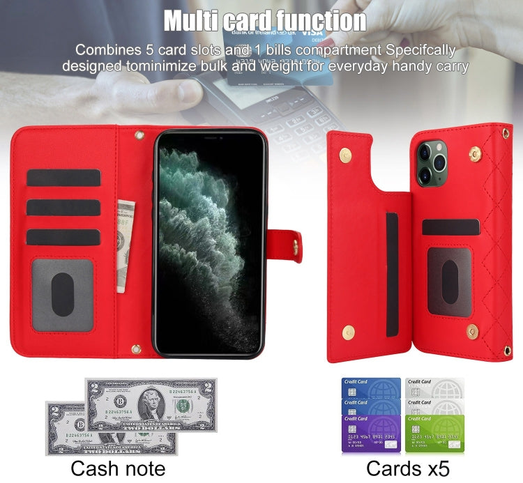 For iPhone 11 Pro Crossbody Multifunction Rhombic Leather Phone Case(Red) - iPhone 11 Pro Cases by buy2fix | Online Shopping UK | buy2fix
