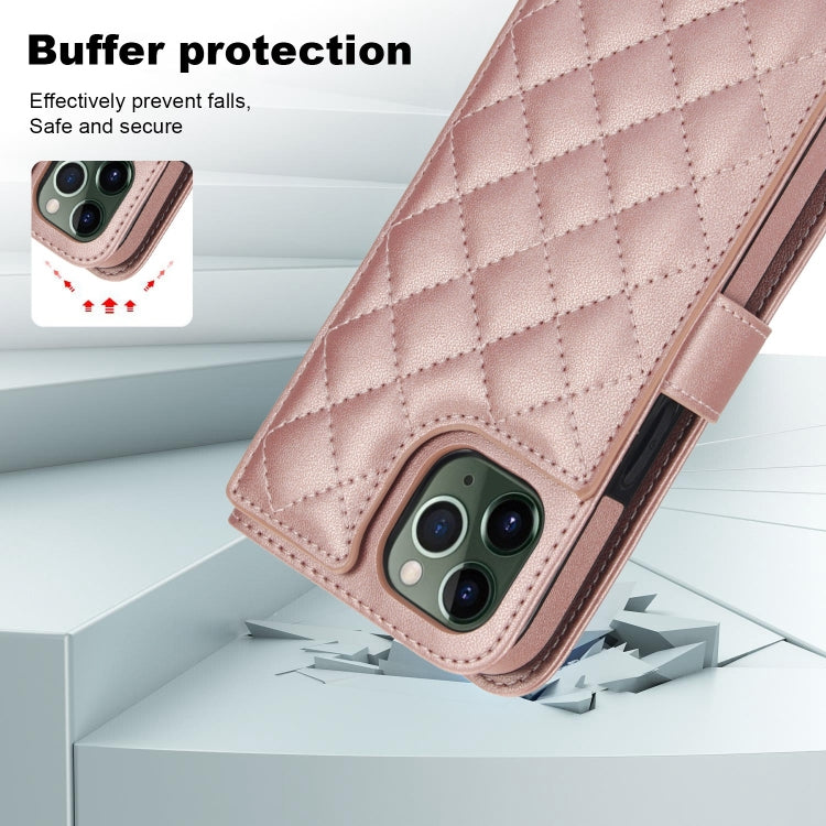 For iPhone 11 Pro Crossbody Multifunction Rhombic Leather Phone Case(Rose Gold) - iPhone 11 Pro Cases by buy2fix | Online Shopping UK | buy2fix