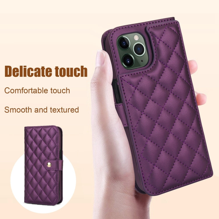For iPhone 11 Pro Crossbody Multifunction Rhombic Leather Phone Case(Dark Purple) - iPhone 11 Pro Cases by buy2fix | Online Shopping UK | buy2fix