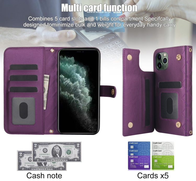 For iPhone 11 Pro Crossbody Multifunction Rhombic Leather Phone Case(Dark Purple) - iPhone 11 Pro Cases by buy2fix | Online Shopping UK | buy2fix