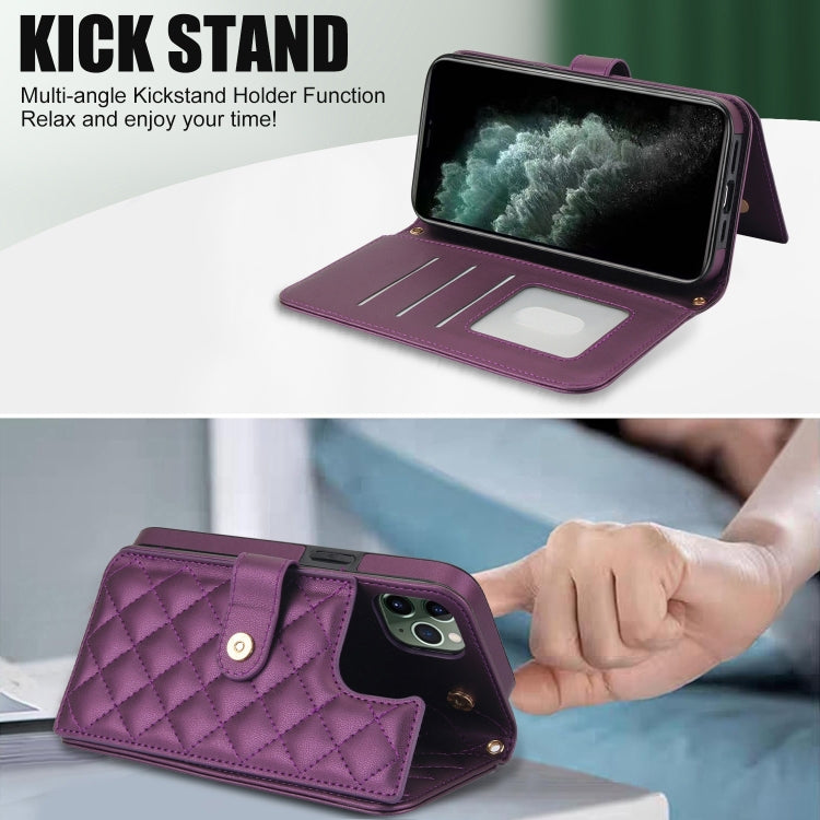 For iPhone 11 Pro Crossbody Multifunction Rhombic Leather Phone Case(Dark Purple) - iPhone 11 Pro Cases by buy2fix | Online Shopping UK | buy2fix