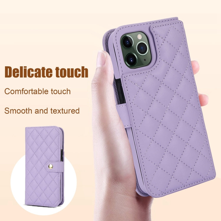 For iPhone 11 Pro Crossbody Multifunction Rhombic Leather Phone Case(Purple) - iPhone 11 Pro Cases by buy2fix | Online Shopping UK | buy2fix