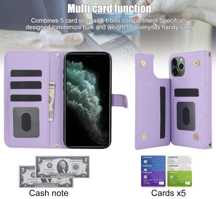 For iPhone 11 Pro Crossbody Multifunction Rhombic Leather Phone Case(Purple) - iPhone 11 Pro Cases by buy2fix | Online Shopping UK | buy2fix