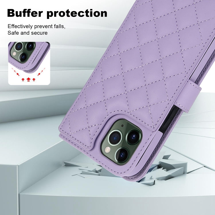 For iPhone 11 Pro Crossbody Multifunction Rhombic Leather Phone Case(Purple) - iPhone 11 Pro Cases by buy2fix | Online Shopping UK | buy2fix