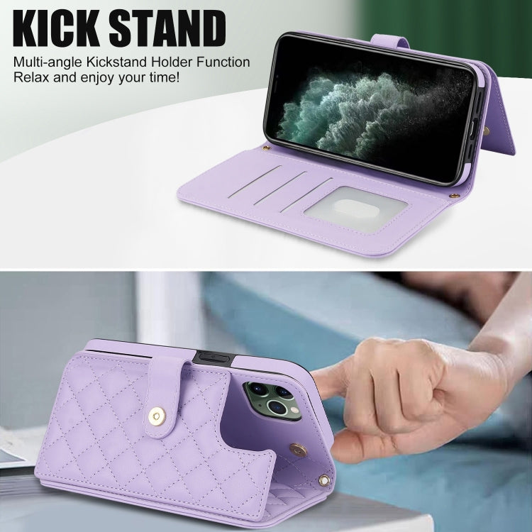 For iPhone 11 Pro Crossbody Multifunction Rhombic Leather Phone Case(Purple) - iPhone 11 Pro Cases by buy2fix | Online Shopping UK | buy2fix