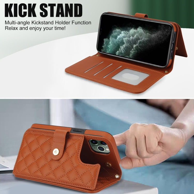 For iPhone 11 Pro Crossbody Multifunction Rhombic Leather Phone Case(Brown) - iPhone 11 Pro Cases by buy2fix | Online Shopping UK | buy2fix