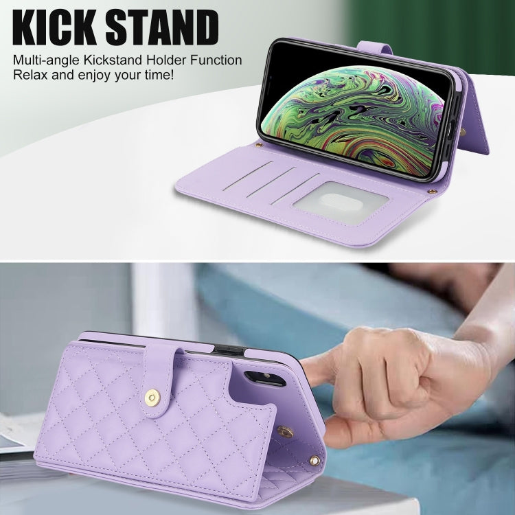 For iPhone X / XS Crossbody Multifunction Rhombic Leather Phone Case(Purple) - More iPhone Cases by buy2fix | Online Shopping UK | buy2fix