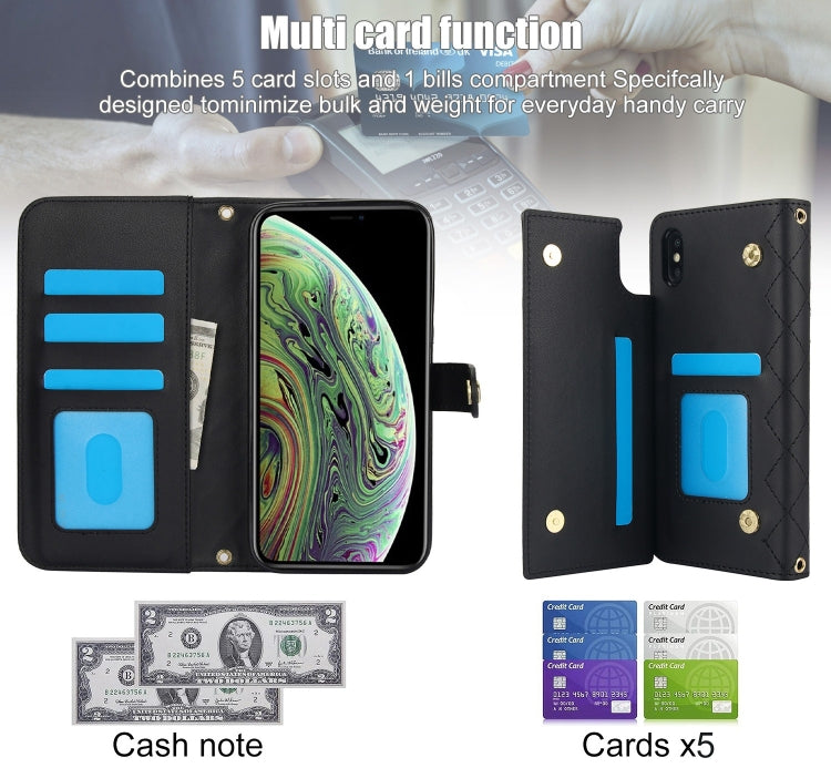 For iPhone XR Crossbody Multifunction Rhombic Leather Phone Case(Black) - More iPhone Cases by buy2fix | Online Shopping UK | buy2fix