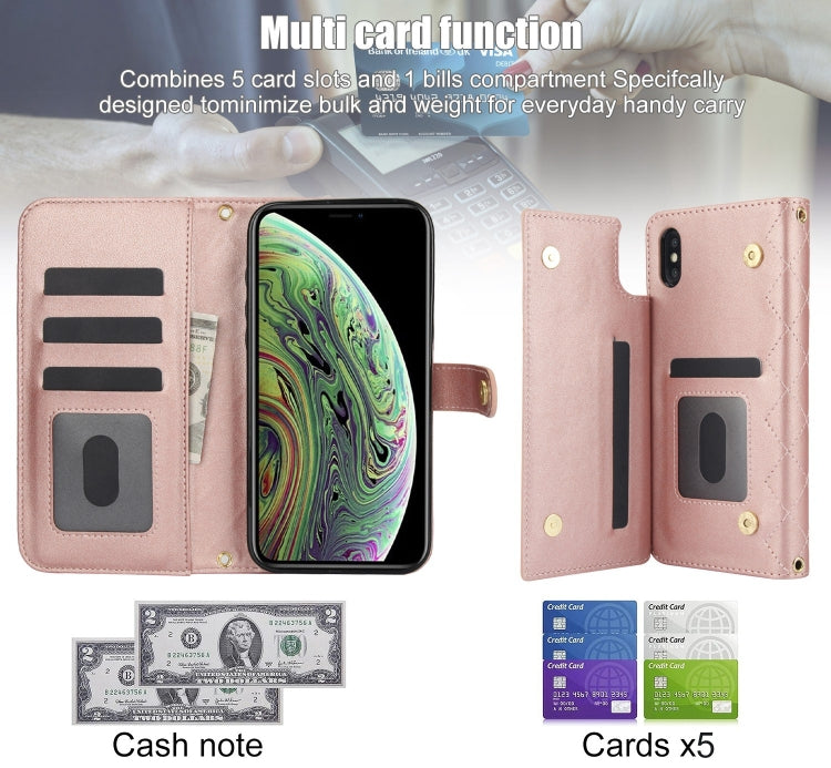 For iPhone XR Crossbody Multifunction Rhombic Leather Phone Case(Rose Gold) - More iPhone Cases by buy2fix | Online Shopping UK | buy2fix