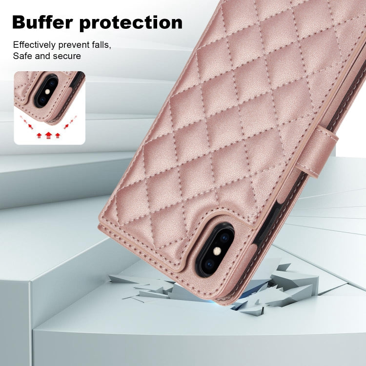 For iPhone XR Crossbody Multifunction Rhombic Leather Phone Case(Rose Gold) - More iPhone Cases by buy2fix | Online Shopping UK | buy2fix