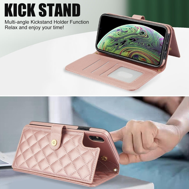 For iPhone XR Crossbody Multifunction Rhombic Leather Phone Case(Rose Gold) - More iPhone Cases by buy2fix | Online Shopping UK | buy2fix