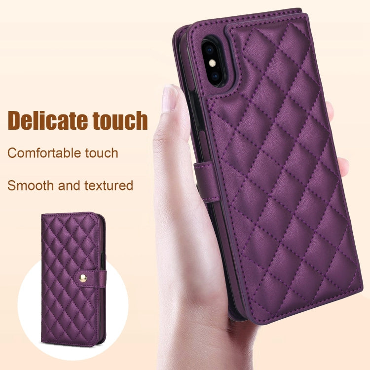 For iPhone XR Crossbody Multifunction Rhombic Leather Phone Case(Dark Purple) - More iPhone Cases by buy2fix | Online Shopping UK | buy2fix
