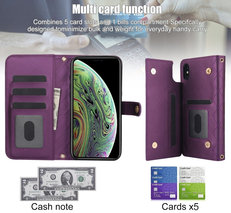 For iPhone XR Crossbody Multifunction Rhombic Leather Phone Case(Dark Purple) - More iPhone Cases by buy2fix | Online Shopping UK | buy2fix