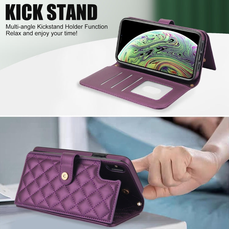 For iPhone XR Crossbody Multifunction Rhombic Leather Phone Case(Dark Purple) - More iPhone Cases by buy2fix | Online Shopping UK | buy2fix