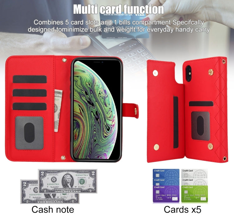 For iPhone XS Max Crossbody Multifunction Rhombic Leather Phone Case(Red) - More iPhone Cases by buy2fix | Online Shopping UK | buy2fix
