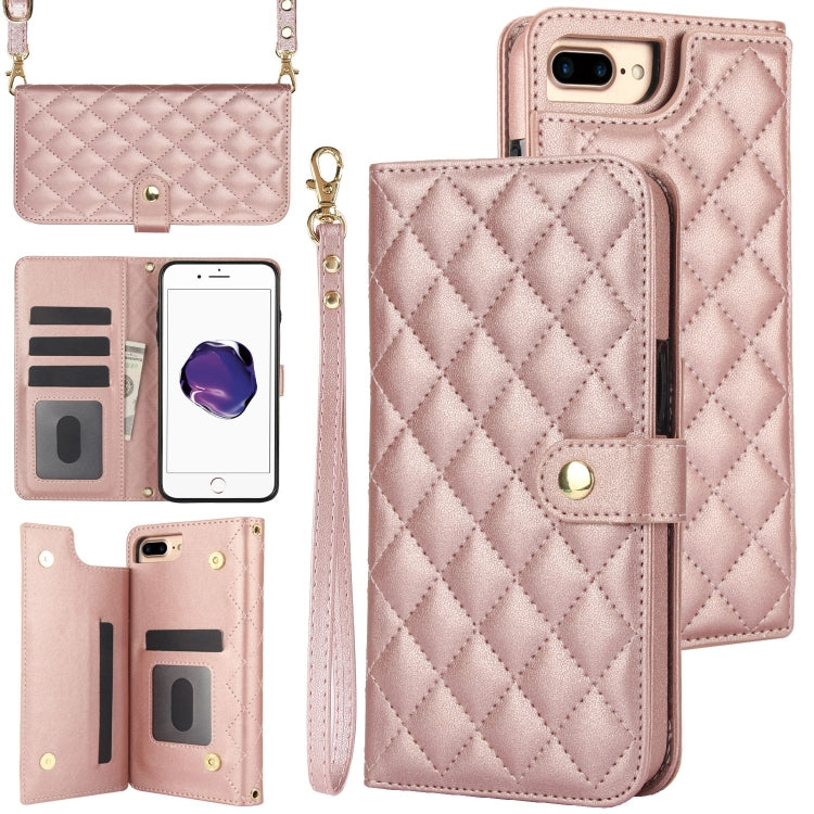 For iPhone 7 Plus / 8 Plus Crossbody Multifunction Rhombic Leather Phone Case(Rose Gold) - More iPhone Cases by buy2fix | Online Shopping UK | buy2fix