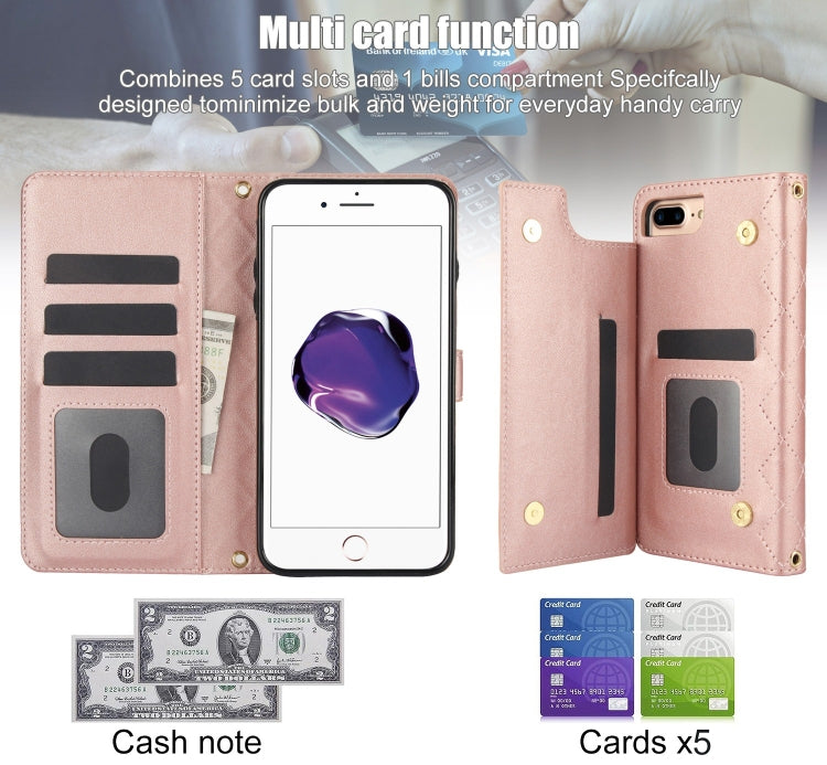 For iPhone 7 Plus / 8 Plus Crossbody Multifunction Rhombic Leather Phone Case(Rose Gold) - More iPhone Cases by buy2fix | Online Shopping UK | buy2fix