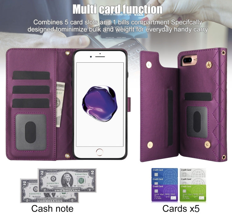 For iPhone 7 Plus / 8 Plus Crossbody Multifunction Rhombic Leather Phone Case(Dark Purple) - More iPhone Cases by buy2fix | Online Shopping UK | buy2fix