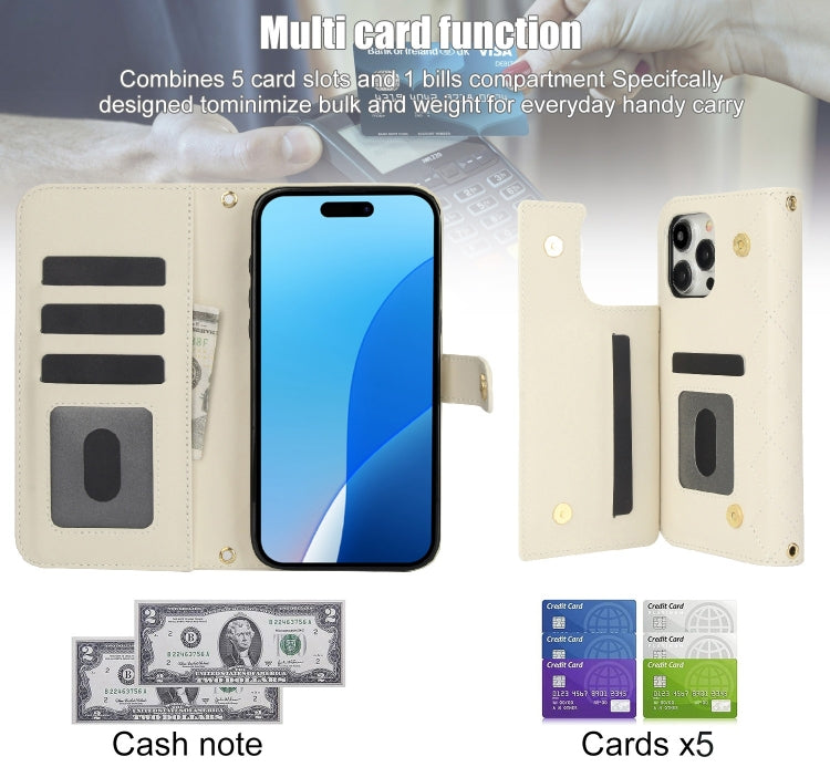 For iPhone 16 Pro Crossbody Multifunction Rhombic Leather Phone Case(White) - More iPhone Cases by buy2fix | Online Shopping UK | buy2fix