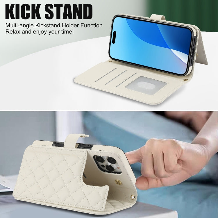 For iPhone 16 Pro Crossbody Multifunction Rhombic Leather Phone Case(White) - More iPhone Cases by buy2fix | Online Shopping UK | buy2fix