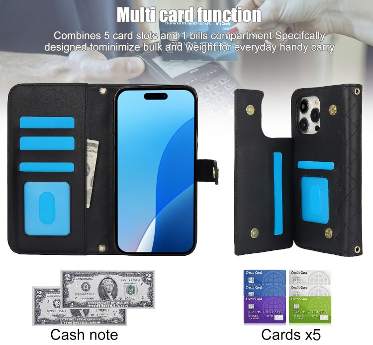 For iPhone 16 Pro Crossbody Multifunction Rhombic Leather Phone Case(Black) - More iPhone Cases by buy2fix | Online Shopping UK | buy2fix