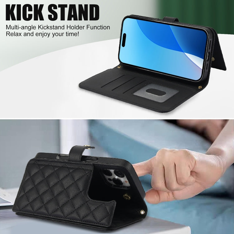 For iPhone 16 Pro Crossbody Multifunction Rhombic Leather Phone Case(Black) - More iPhone Cases by buy2fix | Online Shopping UK | buy2fix