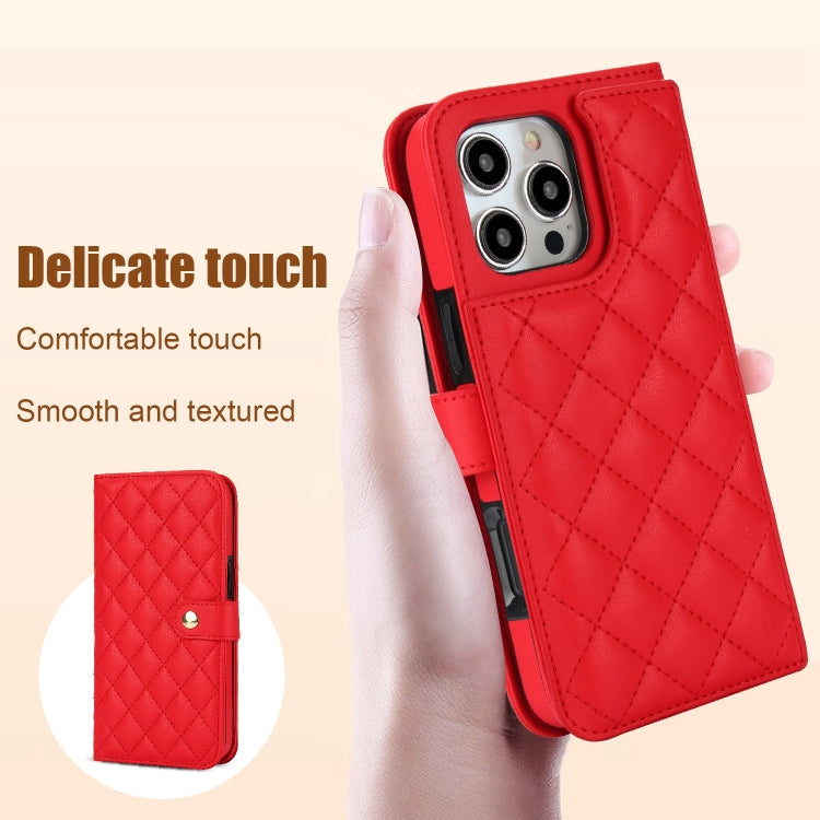 For iPhone 16 Pro Crossbody Multifunction Rhombic Leather Phone Case(Red) - More iPhone Cases by buy2fix | Online Shopping UK | buy2fix