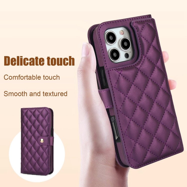 For iPhone 16 Pro Crossbody Multifunction Rhombic Leather Phone Case(Dark Purple) - More iPhone Cases by buy2fix | Online Shopping UK | buy2fix