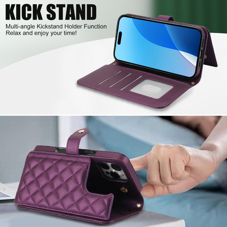 For iPhone 16 Pro Crossbody Multifunction Rhombic Leather Phone Case(Dark Purple) - More iPhone Cases by buy2fix | Online Shopping UK | buy2fix