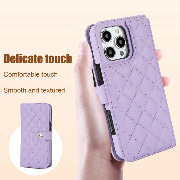 For iPhone 16 Pro Crossbody Multifunction Rhombic Leather Phone Case(Purple) - More iPhone Cases by buy2fix | Online Shopping UK | buy2fix