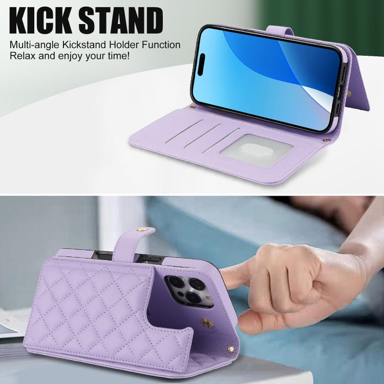 For iPhone 16 Pro Crossbody Multifunction Rhombic Leather Phone Case(Purple) - More iPhone Cases by buy2fix | Online Shopping UK | buy2fix