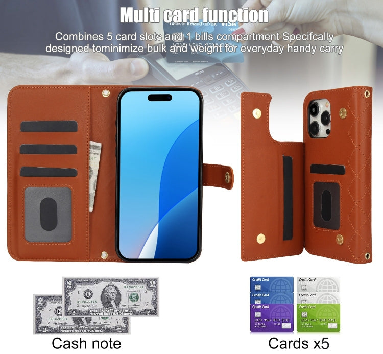 For iPhone 16 Pro Crossbody Multifunction Rhombic Leather Phone Case(Brown) - More iPhone Cases by buy2fix | Online Shopping UK | buy2fix